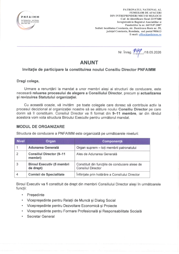 Invitație participare la constituirea noului Consiliu Director PNFAIMM